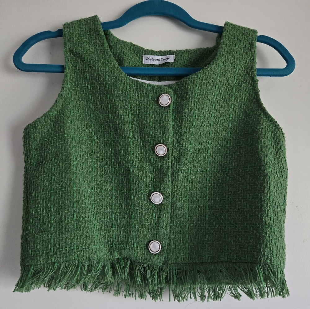 Green Tweed Crop Top with Fringe